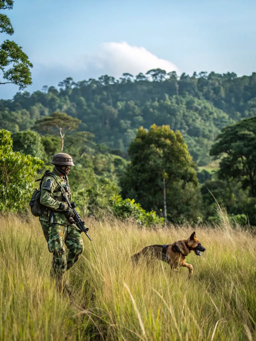 A picture showing anti-poaching patrol members in action, equipped with necessary gear, patrolling a protected area to prevent illegal hunting activities.