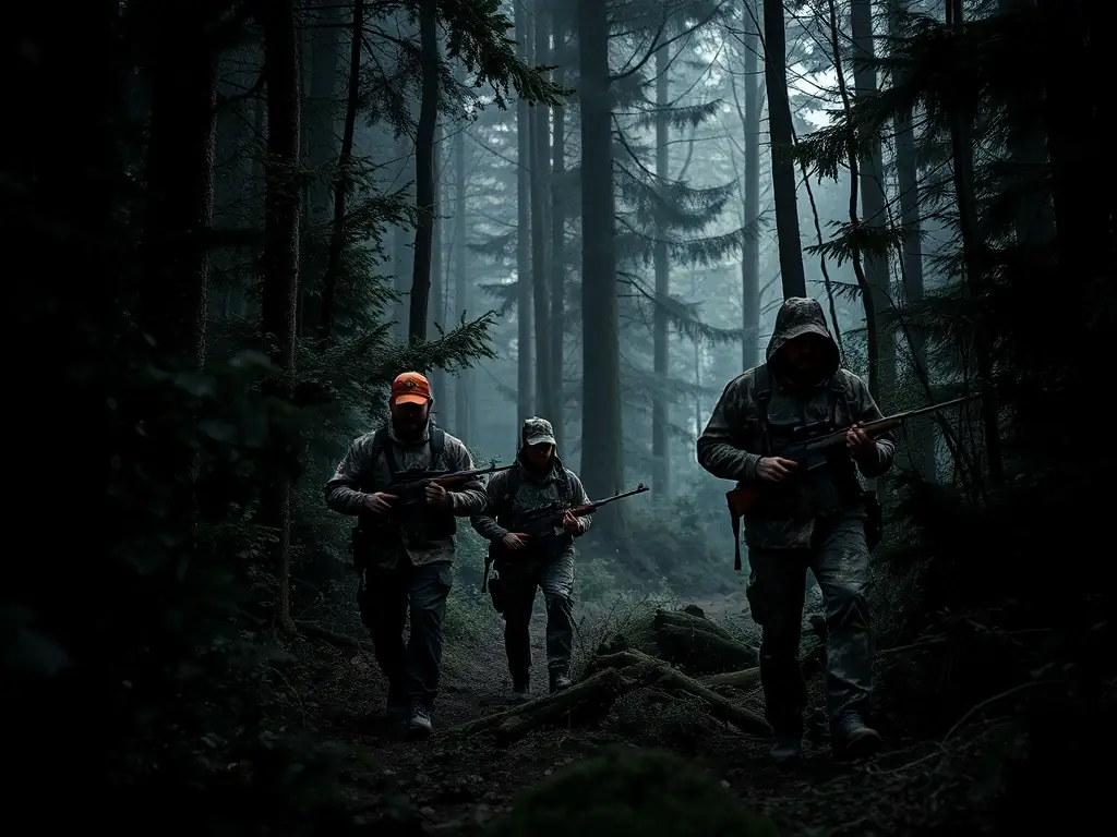 A group of hunters participating in a controlled hunt in a forest, emphasizing sustainable wildlife management practices.