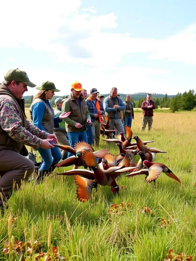 A photograph showcasing the successful release of bred game birds into their natural habitat, with members of the organization observing and documenting the process.