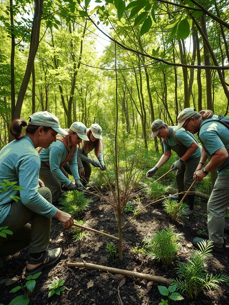 A photograph depicting members of SOCIETE COMMUNALE DES CHASSEURS DE ROCHE LE PEYROUX participating in a habitat restoration project, planting native trees and shrubs in a local forest area.