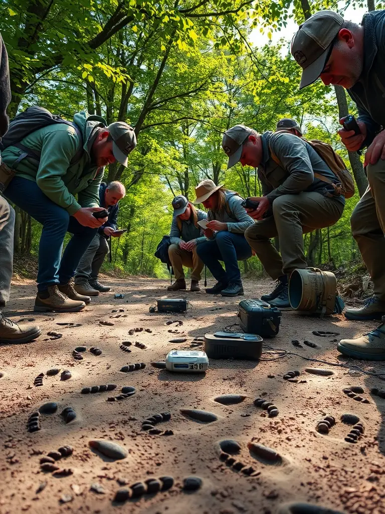 A photograph of a SOCIETE COMMUNALE DES CHASSEURS DE ROCHE LE PEYROUX team conducting a wildlife census, using binoculars and tracking equipment to monitor animal populations.