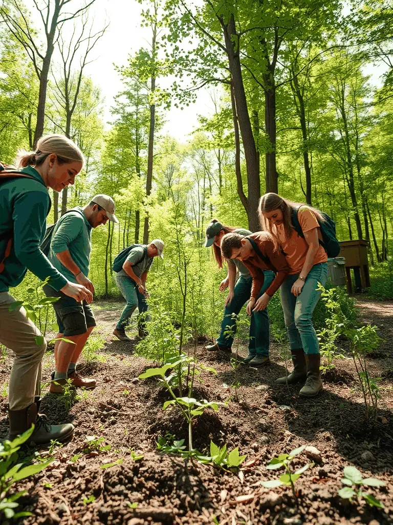 A photograph capturing a group of volunteers planting trees in a deforested area, symbolizing habitat restoration efforts by SOCIETE COMMUNALE DES CHASSEURS DE ROCHE LE PEYROUX.