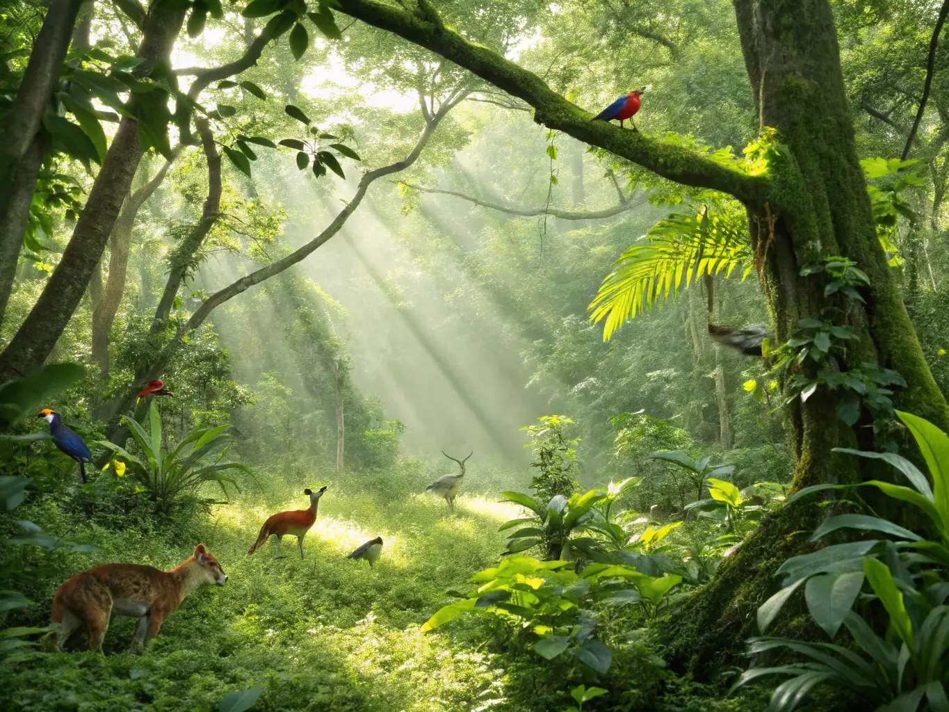 A lush forest scene showcasing diverse plant and animal life, highlighting the importance of habitat protection.